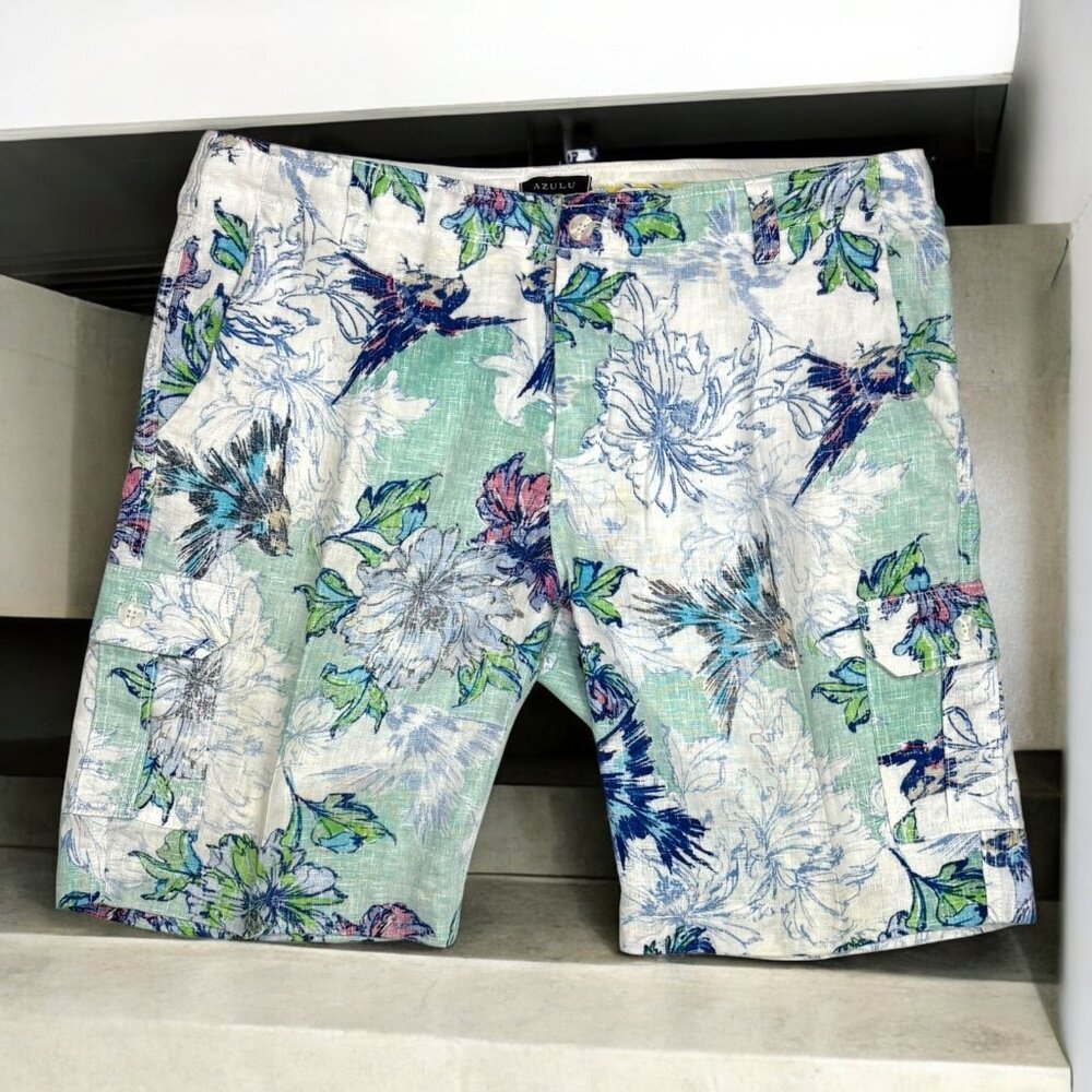 Azulu Multi Color Tropical Print 100% Linen‎ Cargo Shorts